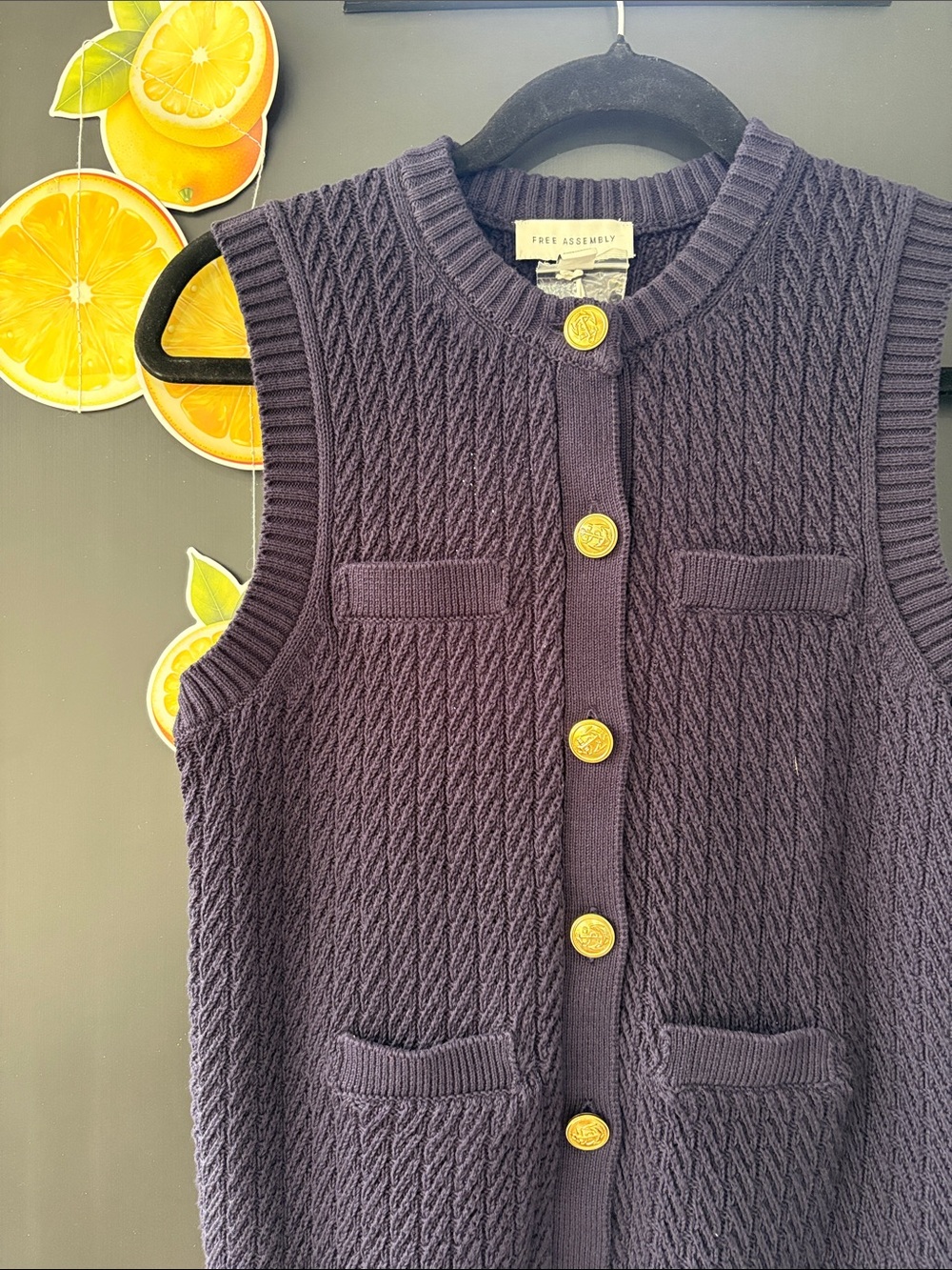 Free Assembly Sleeveless Knit Vest Sweater in Navy with Gold Buttons NWT